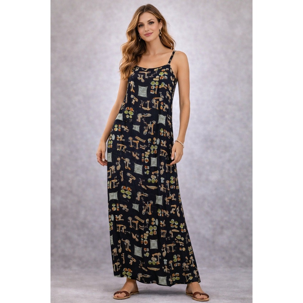 CAROLE LITTLE Vtg 90s Cafe Bistro Print Maxi Dress Button Front Sz S *FLAW*